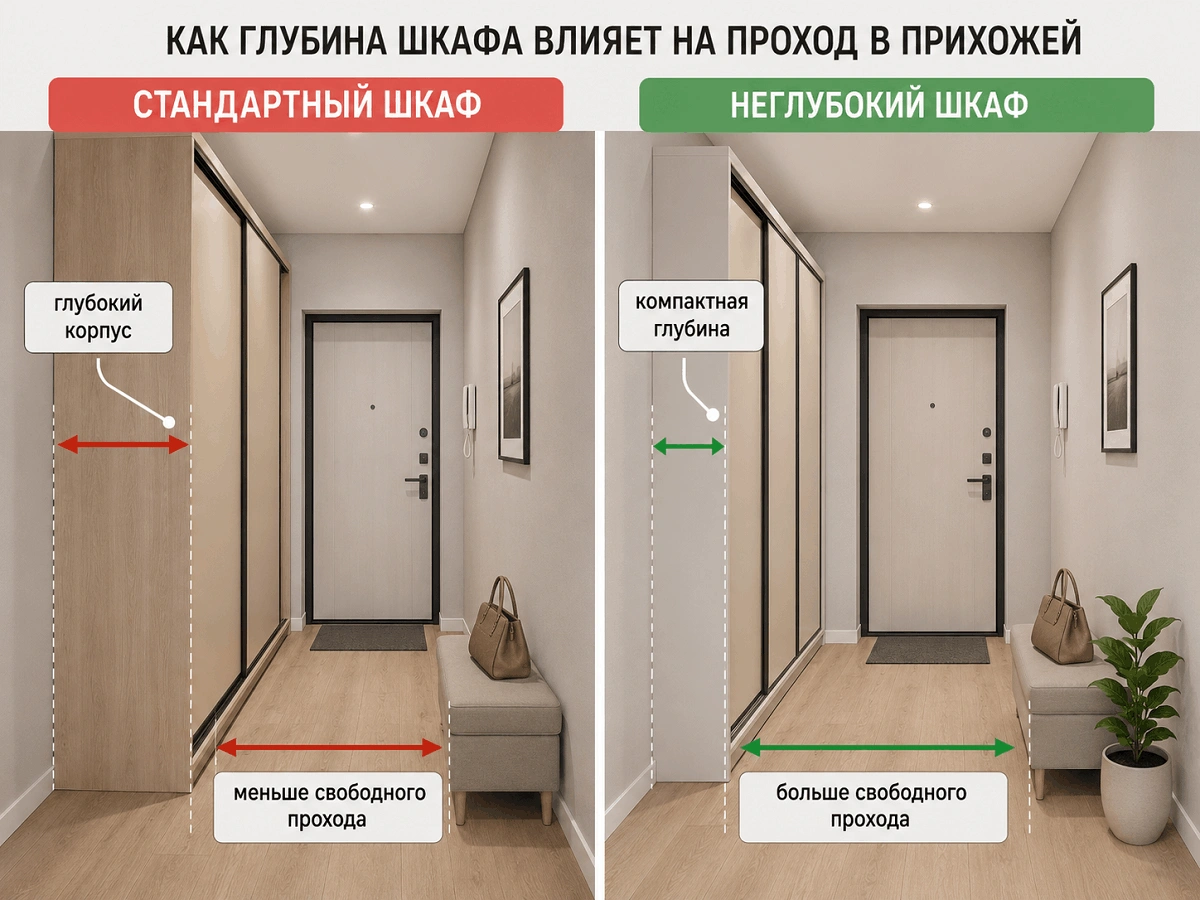 Сравнение стандартного и неглубокого шкафа для маленькой прихожей