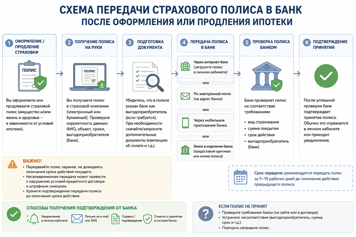 Схема передачи страхового полиса в банк после оформления или продления ипотеки