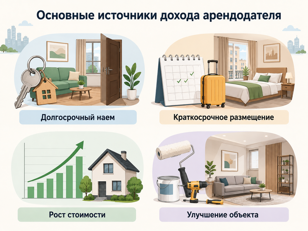 Основные источники дохода лэндлорда: долгосрочный наем, краткосрочное размещение, рост стоимости и улучшение объекта