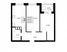 2-комнатная квартира, 57.84 м2 , 18 этаж, Карла Маркса пр-кт, 243 - фото 1