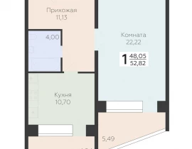 1-комнатная квартира, 52.82 м2 , 9 этаж, Квартал, 3 - фото 1
