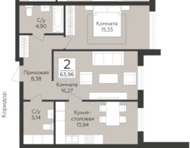 2-комнатная квартира, 63.96 м2 , 2 этаж, 9-я просека 2 линия - фото 1