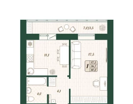 1-комнатная квартира, 36.7 м2 , 10 этаж, Олега Пешкова, 4 - фото 1