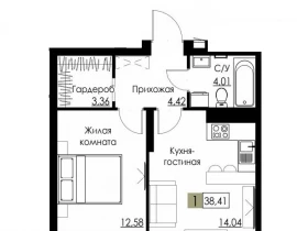 1-комнатная квартира, 38.41 м2 , 3 этаж, Спортивная - фото 1