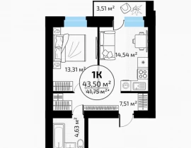 1-комнатная квартира, 43.5 м2 , 18 этаж, пос Мехзавод - фото 1