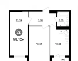 2-комнатная квартира, 58.12 м2 , 14 этаж,  проспект Кирова, 71 - фото 1