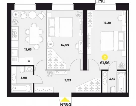 2-комнатная квартира, 63.1 м2 , 16 этаж, Гастелло 6 - фото 1
