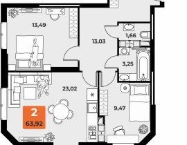 2-комнатная квартира, 63 м2 , 23 этаж, Карла Маркса 231 - фото 1
