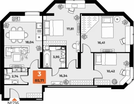 3-комнатная квартира, 84.3 м2 , 23 этаж, Карла Маркса 231 - фото 1