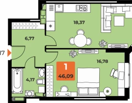 1-комнатная квартира, 45.6 м2 , 23 этаж, Карла Маркса 231 - фото 1