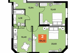 2-комнатная квартира, 63.6 м2 , 23 этаж, Карла Маркса 231 - фото 1