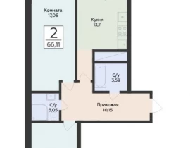 2-комнатная квартира, 66.11 м2 , 16 этаж, Советской Армии ул, 242 - фото 1