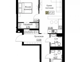 2-комнатная квартира, 67.21 м2 , 7 этаж, Спортивная - фото 1