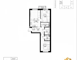 2-комнатная квартира, 63.28 м2 , 4 этаж, 11 квартал - фото 1