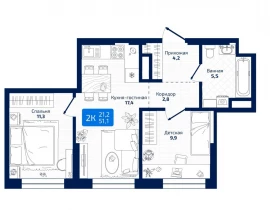 2-комнатная квартира, 51.1 м2 , 11 этаж, 8я Радиальная - фото 1
