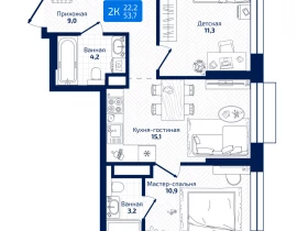 2-комнатная квартира, 53.7 м2 , 8 этаж, 8я Радиальная - фото 1