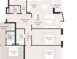3-комнатная квартира, 93.49 м2 , 3 этаж, 9-я просека 2 линия - фото 1
