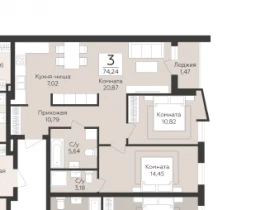 3-комнатная квартира, 74.24 м2 , 2 этаж, 9-я просека 2 линия - фото 1