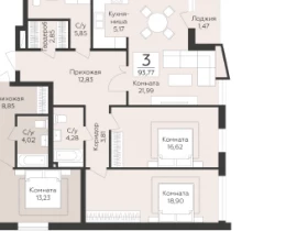 3-комнатная квартира, 93.77 м2 , 2 этаж, 9-я просека 2 линия - фото 1