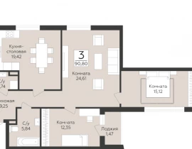3-комнатная квартира, 90.8 м2 , 4 этаж, 9-я просека 2 линия - фото 1