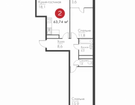2-комнатная квартира, 63 м2 , 2 этаж, Масленникова пр-кт, 14 А - фото 1