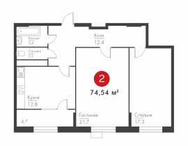 2-комнатная квартира, 74 м2 , 2 этаж, Масленникова пр-кт, 14 А - фото 1