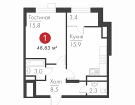 1-комнатная квартира, 48 м2 , 2 этаж, Масленникова пр-кт, 14 А - фото 1