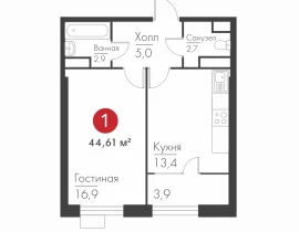 1-комнатная квартира, 44 м2 , 19 этаж, Масленникова пр-кт, 14 А - фото 1
