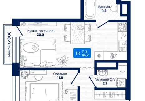 1-комнатная квартира - 8я Радиальная,  / ЖК Матрица - фото 1