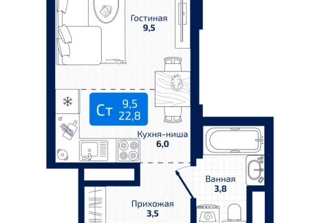 Квартира студия - 8я Радиальная,  / ЖК Матрица - фото 1