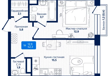 1-комнатная квартира - 8я Радиальная,  / ЖК Матрица - фото 1