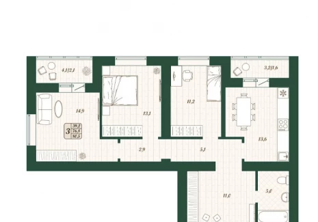 3-комнатная квартира - Олега Пешкова, 4 / ЖК Уют-Парк - фото 1