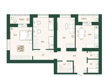 3-комнатная квартира - Олега Пешкова, 4 / ЖК Уют-Парк - фото 1