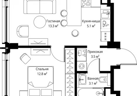 1-комнатная квартира - 2-я Хуторская, 34 / ЖК Симфония 34 - фото 1