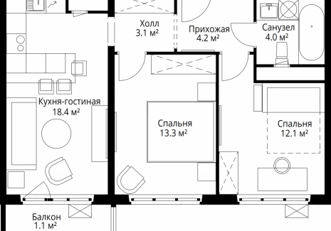 2-комнатная квартира - квартал Центральный, 9 / ЖК У реки. Эко Видное 2.0 - фото 1