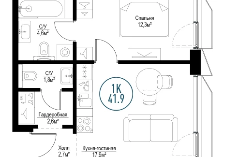 1-комнатная квартира - Волгоградский п-т, 32/5/3 / ЖК Метрополия - фото 1