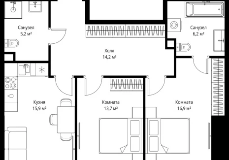 2-комнатная квартира - 1-й Красногвардейский проезд, 13 / ЖК ОНЕ - фото 1