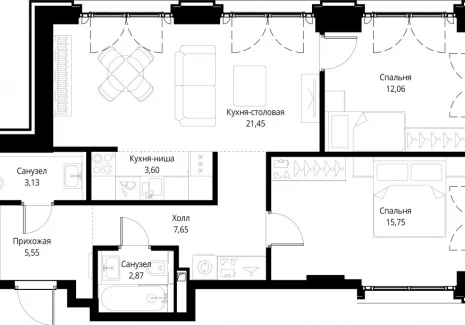 2-комнатная квартира - корпус Клиф, 3 / ЖК Сити Бэй - фото 1