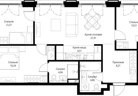 3-комнатная квартира - квартал Клиф, 5 / ЖК Сити Бэй - фото 1