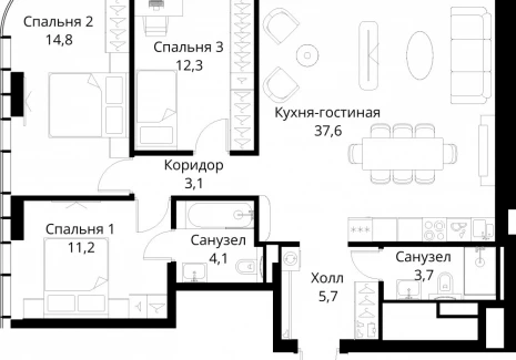 3-комнатная квартира - Волоколамское шоссе, 95/2 / ЖК Сити Бэй - фото 1