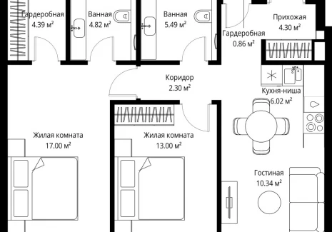 2-комнатная квартира - ул. Верейская, 29/42 / ЖК ВЕЕР - фото 1