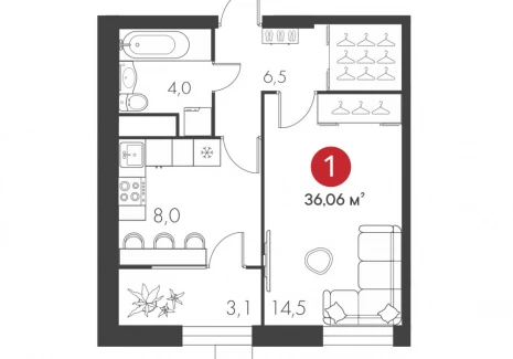 1-комнатная квартира - дом 14 А, 1 / ЖК Панова Парк - фото 1