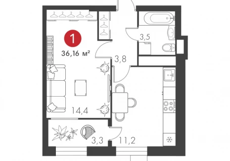 1-комнатная квартира - дом 14 А, 1 / ЖК Панова Парк - фото 1