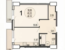 1-комнатная квартира, 51 м2 , 11 этаж, Буянова ул, 120  - план фото 1
