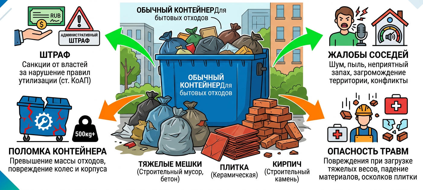 Почему строительный мусор нельзя выбрасывать в обычные контейнеры