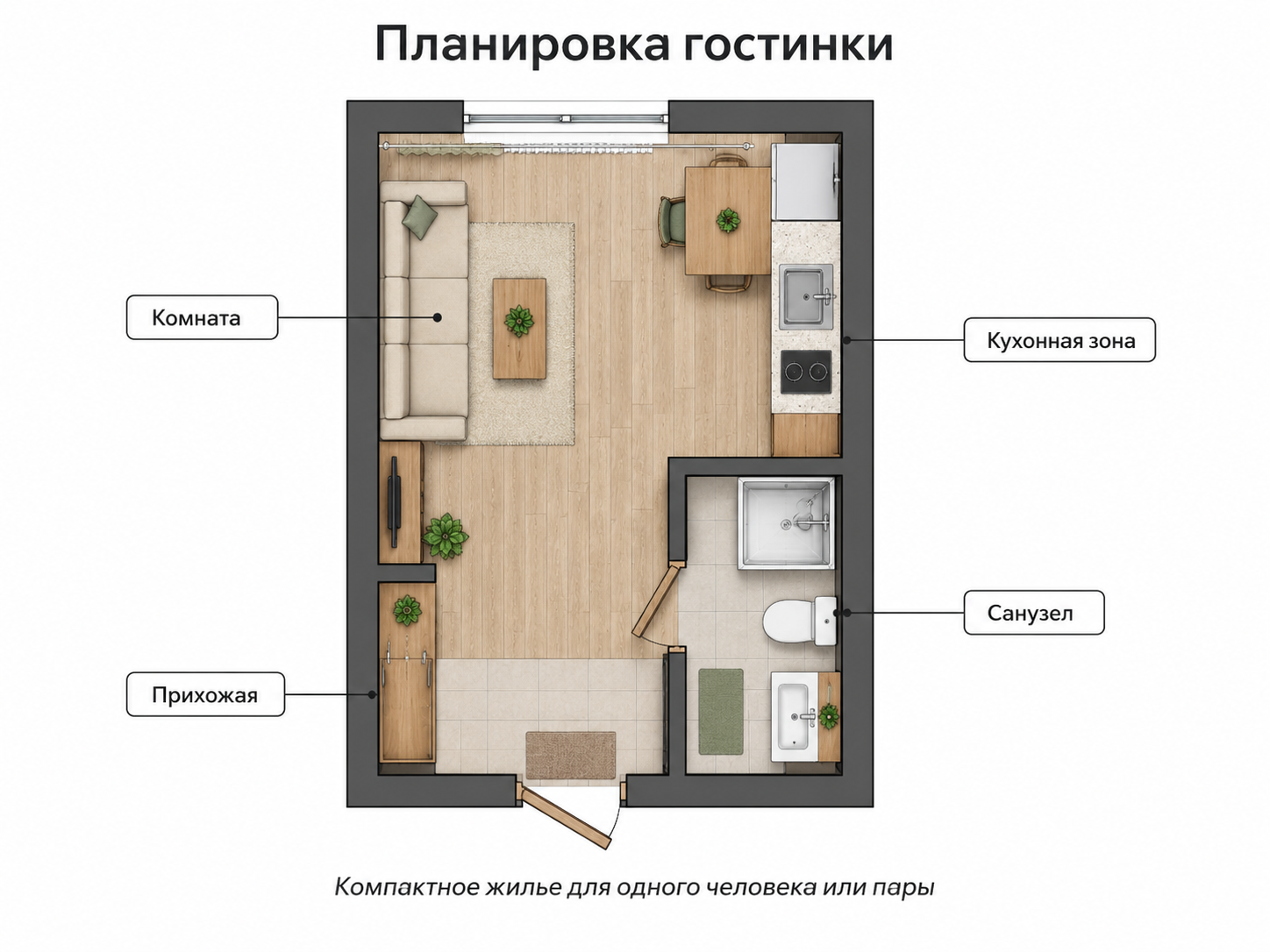 Планировка гостинки с комнатой, санузлом и небольшой кухонной зоной