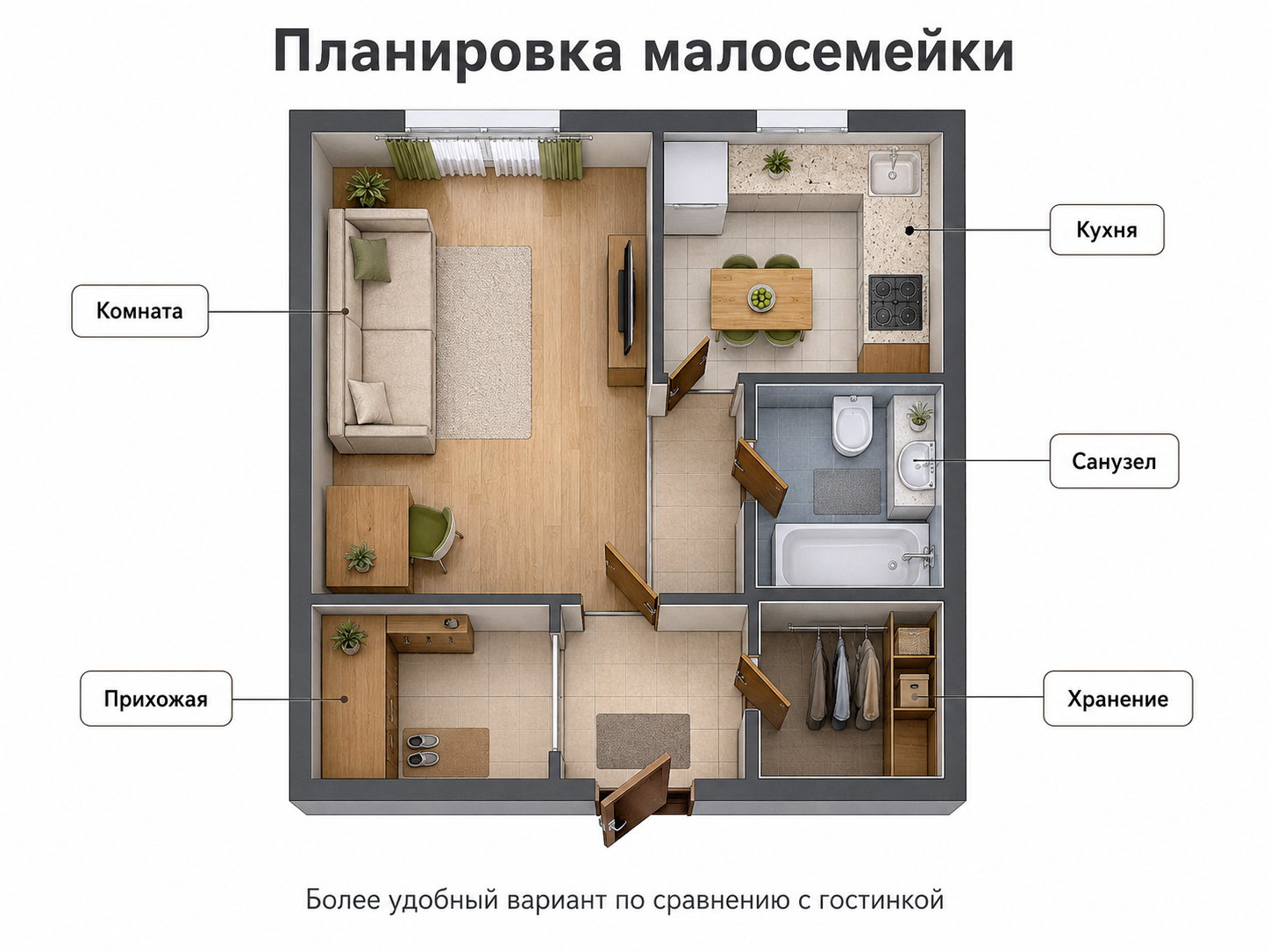 Планировка малосемейки с отдельной комнатой, кухонной зоной и санузлом