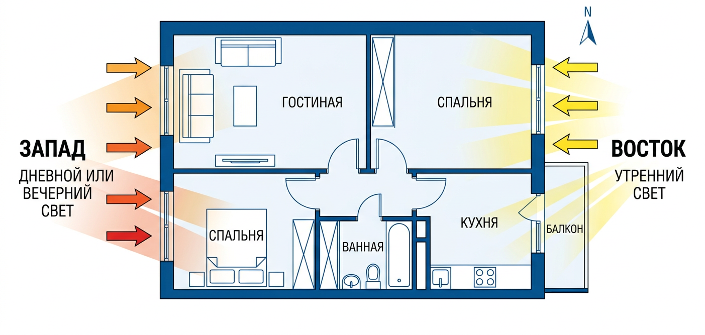 Схема освещенности квартиры-распашонки с окнами на разные стороны света