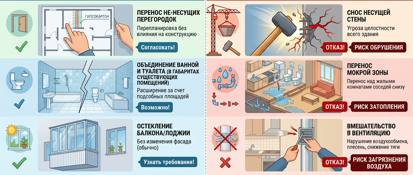 Схема возможных и рискованных перепланировок в хрущевке