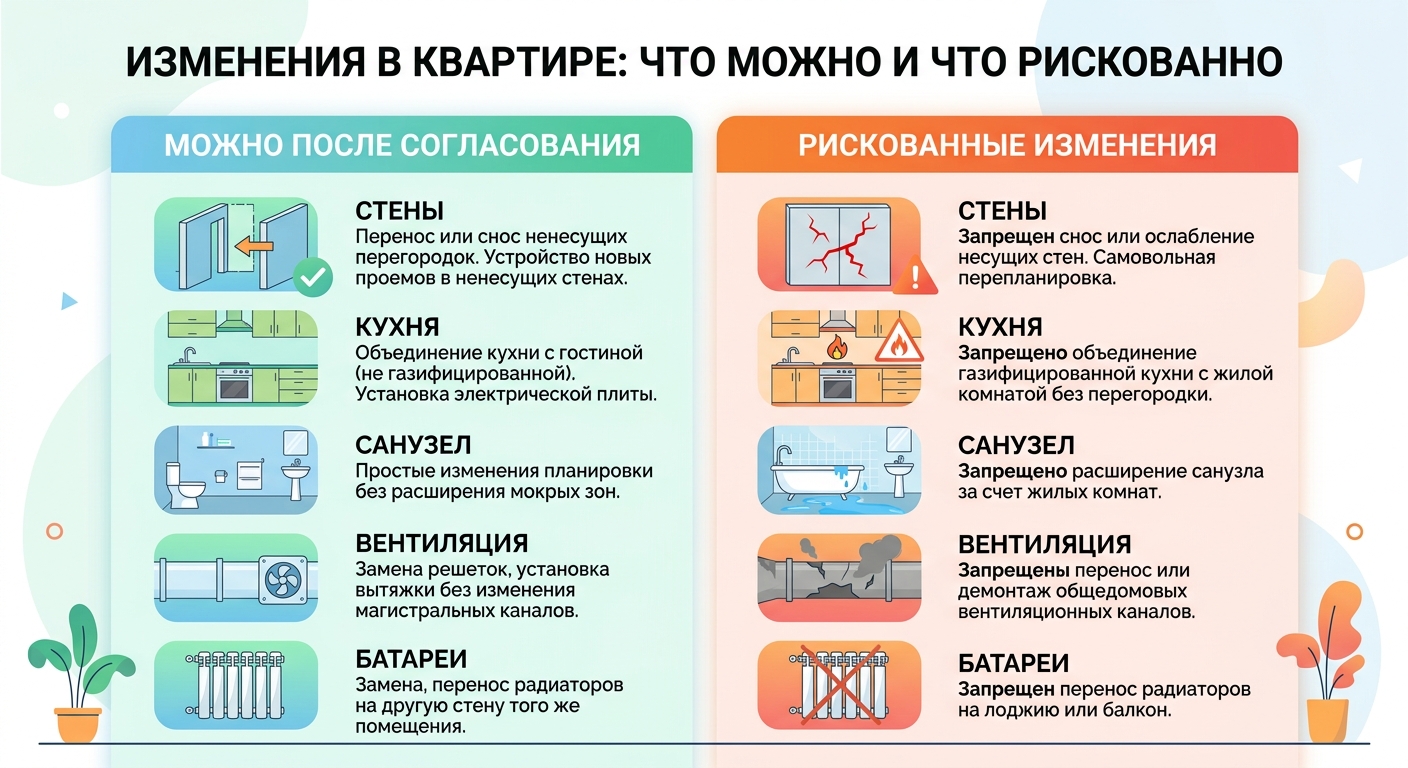 Схема возможных и рискованных перепланировок квартиры-распашонки